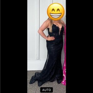 Black shimmer long prom dress, deep v neck line, lace up back, size 8